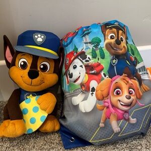 Paw Patrol Chase Plush & Drawstring Bag - Blue, Brown, Yellow - Sleeping Bag